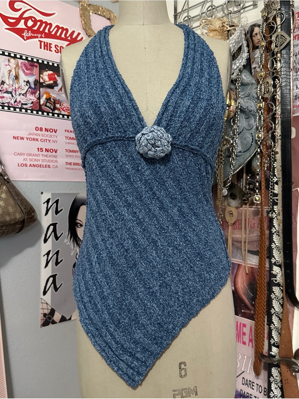 UO Kimchi Blue Rosalia Asymmetrical Knit Halter Crochet Sweater Top Blue S/M